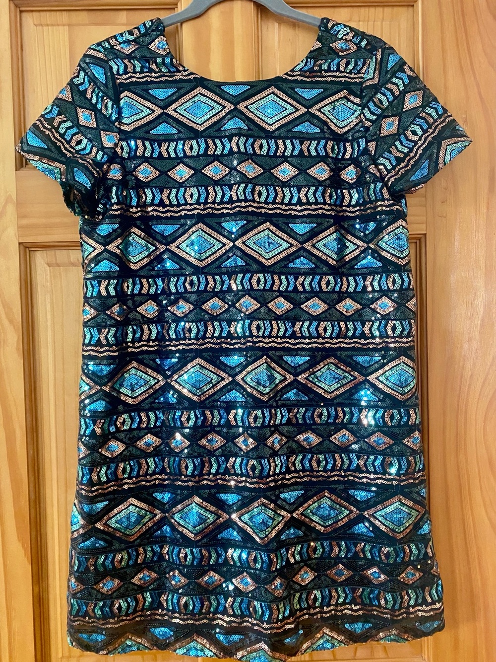 Show Me Your Mumu Sequin Geometric Shift Dress Medium Black Blue Party Mini
